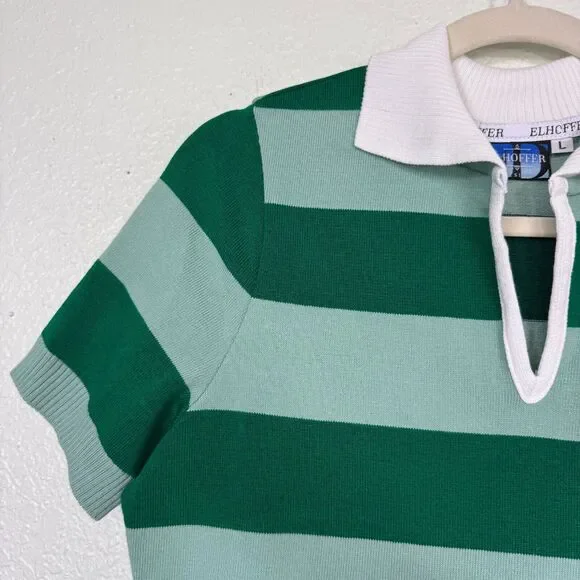 Elhoffer Top Women Large Detective Green Striped Polo Costume Cosplay Knit Shirt - Picture 4 of 11